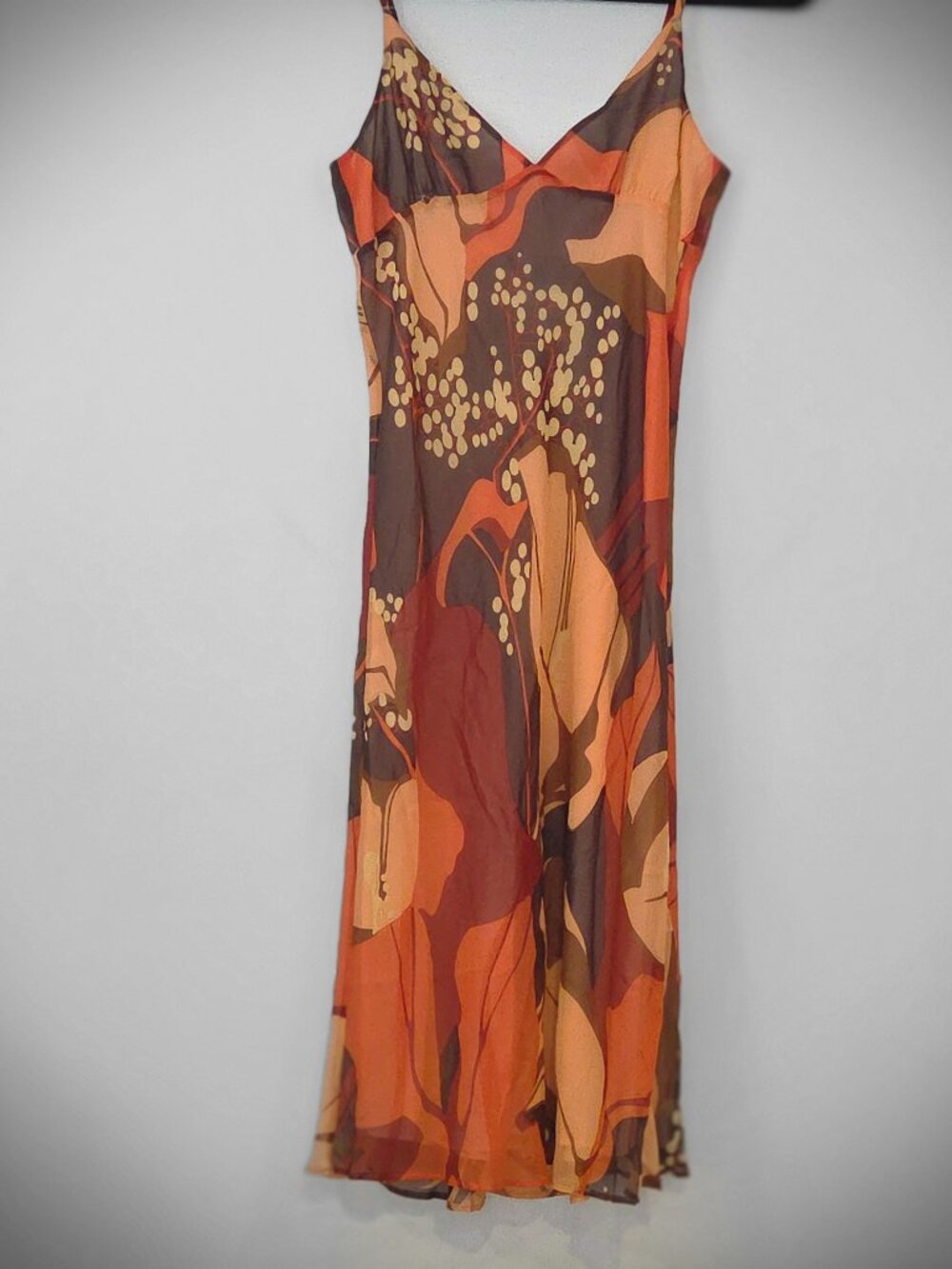 Theory Silk Slip Dress Abstract Print Orange Brown Cream Y2K